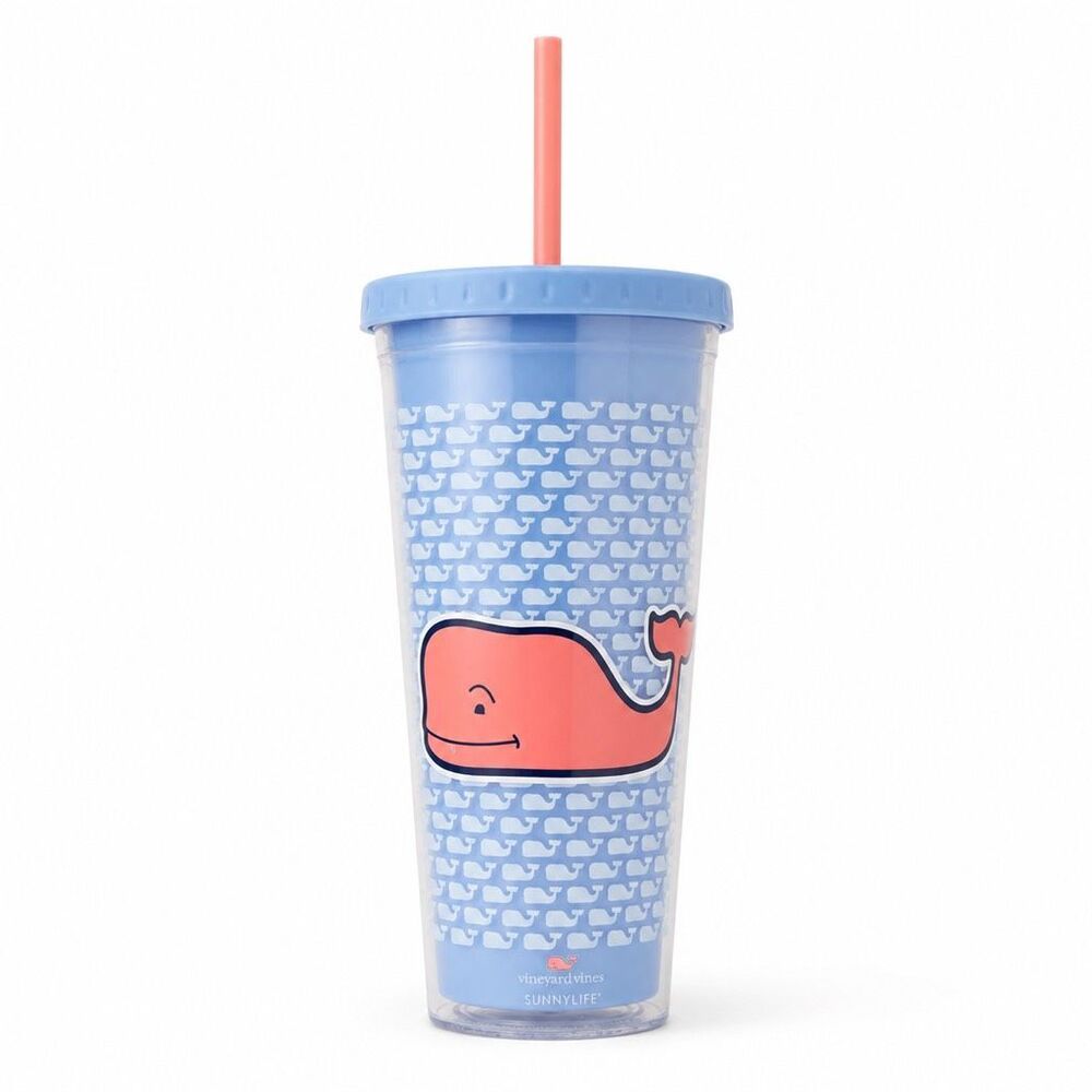 Vineyard Vines x Sunnylife Whale Tumbler Blue Pink Straw Coastal Preppy